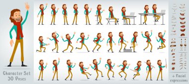 Çizgi film düz komik hippi çocuk karakteri kırmızı kış eşarplı ve sakallı. 30 farklı poz ve yüz ifadesi. Beyaz arka planda izole edilmiş. Büyük vektör simgesi kümesi.