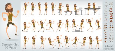 Çizgi filmdeki komik, komik, sakallı, yırtık pırtık elbiseli evsiz çocuk karakteri. 30 farklı poz ve yüz ifadesi. Beyaz arka planda izole edilmiş. Büyük vektör simgesi kümesi.