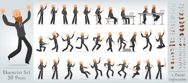 Çizgi film düz komik kel hippi çocuk karakteri siyah kapüşonlu ve sakallı. 30 farklı poz ve yüz ifadesi. Beyaz arka planda izole edilmiş. Büyük vektör simgesi kümesi.