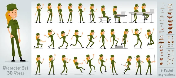 Çizgi film düz komik asker kız karakteri yeşil üniformalı ve şapkalı. 30 farklı poz ve yüz ifadesi. Beyaz arka planda izole edilmiş. Büyük vektör simgesi kümesi.