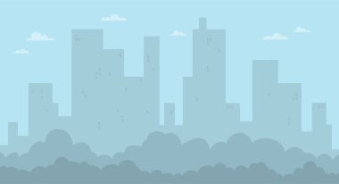 Bulutları, gökdelenleri ve binaları olan düz şehir manzarası. Mavi tonda. Vektör megapolis manzara geçmişi.