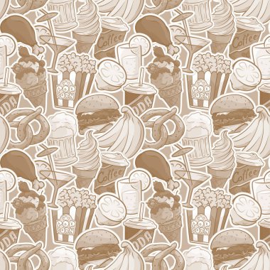 Çizgi film çok renkli fast food ve içecek etiketleri. Pop sanat. Hamburger ve soda. Bira ve kahve. Dondurma ve patlamış mısır. Yeşil arka planda. Vektörsüz desen.