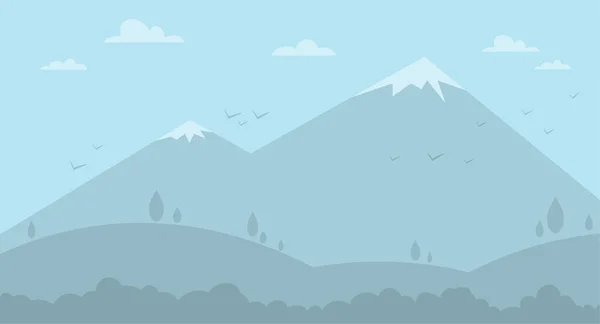 Montañas Llanas Dibujos Animados Con Nieve Colinas Nubes Pájaros Voladores — Vector de stock