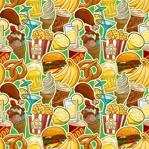 Cartoon colorful fast food and drinks stickers. Pop art. Burger and soda. Beer and coffee. Ice cream and popcorn. On green background. Vector seamless pattern.