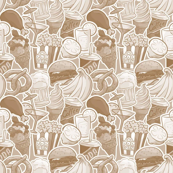 Cartoon multicolor fast food and drinks stickers. Pop art. Burger and soda. Beer and coffee. Ice cream and popcorn. On green background. Vector seamless pattern.
