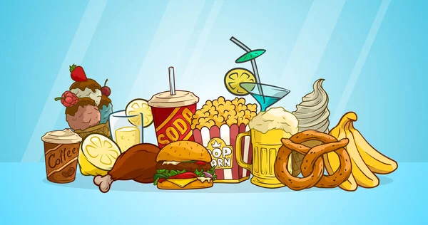 Cartoon Colorido Fast Food Bebidas Adesivos Pop Art Hambúrguer Refrigerante — Vetor de Stock