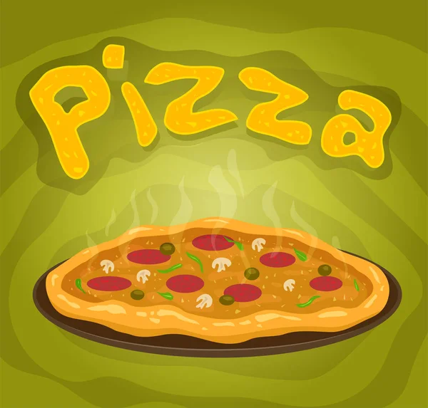 Картон Гаряча Смачна Італійська Піца Саламі Грибами Оливковими Зеленими Речами — стоковий вектор