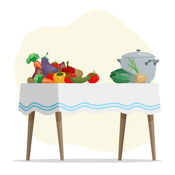 Κινούμενα Σχέδια Πολύχρωμα Χειροποίητα Λαχανικά Για Μαγείρεμα Και Μεταλλική Κατσαρόλα — Διανυσματικό Αρχείο