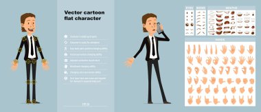 Siyah takım elbiseli komik komik ofis çocuğu karakteri. Canlandırmaya hazırız. Yüz ifadeleri, gözler, kaşlar, ağız ve elleri düzenlemek kolay. Mavi arka planda izole edilmiş. Büyük vektör simgesi kümesi.