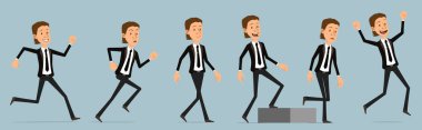 Cartoon funny cute business office boy character in black suit with tie. Ready for animations. Successful businessman walking to his goal. Isolated on blue background. Big vector icon set.