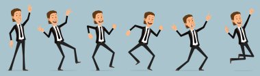Çizgi filmdeki komik, komik ofis çocuğu, siyah takım elbiseli, kravatlı karakter. Canlandırmaya hazırız. Başarılı mutlu iş adamı zıplıyor ve dans ediyor. Mavi arka planda izole edilmiş. Büyük vektör simgesi kümesi.