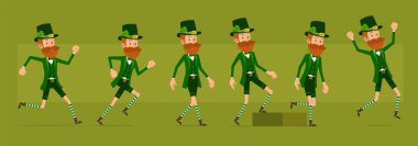 Çizgi film komik İrlandalı sakallı cüce çocuk, yonca şapkalı. Canlandırmaya hazırız. Aziz Patrick Günü. Başarılı leprikon hedefine doğru yürüyor. Büyük vektör simgesi kümesi.