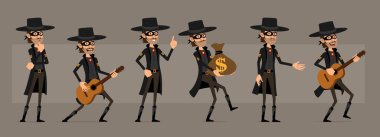 Çizgi filmdeki komik haydut kahraman siyah maskeli ve vahşi batıdan gelen şapkalı. Banka parası çantası ve gitarı olan bir hırsız. Canlandırmaya hazırız. Gri arka planda izole edilmiş. Büyük vektör simgesi kümesi.