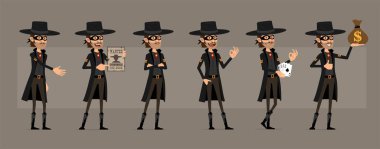 Çizgi filmdeki komik haydut kahraman siyah maskeli ve vahşi batıdan gelen şapkalı. Para çantası, kartları ve imzası olan bir hırsız. Canlandırmaya hazırız. Gri arka planda izole edilmiş. Büyük vektör simgesi kümesi.