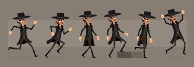 Cartoon cute funny bandit hero in black mask and hat from wild west. Successful thief walking to his goal. Ready for animations. Isolated on gray background. Big vector icon set.