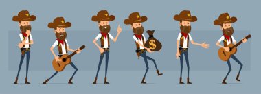 Vahşi batıdan altın yıldızlı kovboy şapkalı komik şerif karakteri. Banka parası çantası ve gitarı olan bir şerif. Canlandırmaya hazırız. Mavi arka planda izole edilmiş. Büyük vektör simgesi kümesi.