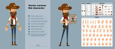 Vahşi batıdan kovboy şapkalı komik şerif karakteri. Canlandırmaya hazırız. Yüz ifadeleri, gözler, kaşlar, ağız ve elleri düzenlemek kolay. Mavi arka planda izole edilmiş. Büyük vektör simgesi kümesi.