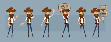 Vahşi batıdan altın yıldızlı kovboy şapkalı komik şerif karakteri. Eski telefonu olan ve imza isteyen bir şerif. Canlandırmaya hazırız. Mavi arka planda izole edilmiş. Büyük vektör simgesi kümesi.