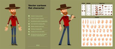 Cartoon funny redhead bearded lumberjack in hat with gun. Ready for animations. Face expressions, eyes, brows, mouth and hands easy to edit. Isolated on green background. Big vector icon set.