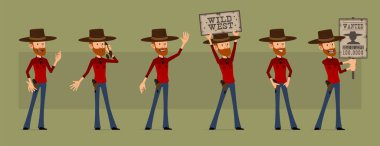 Çizgi filmlerdeki komik kızıl saçlı, sakallı, şapkalı, silahlı oduncu. Retro telefonu olan ve imza isteyen bir kovboy. Canlandırmaya hazırız. Yeşil arka planda izole edilmiş. Büyük vektör simgesi kümesi.