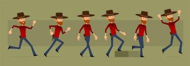 Çizgi filmlerdeki komik kızıl saçlı, sakallı, şapkalı, silahlı oduncu. Başarılı bir kovboy hedefine yürüyor. Canlandırmaya hazırız. Yeşil arka planda izole edilmiş. Büyük vektör simgesi kümesi.