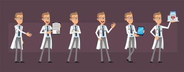 Beyaz üniformalı, komik, komik bir doktor. Aşıyla, haplarla ve akıllı tabletle bilim adamı. Canlandırmaya hazırız. Menekşe arka planda izole edilmiş. Büyük vektör simgesi kümesi.