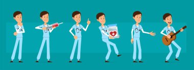 Steteskoplu komik, komik bir hastane doktoru. Şırıngalı, ilaçlı ve gitarlı bir cerrah. Canlandırmaya hazırız. Mavi arka planda izole edilmiş. Büyük vektör simgesi kümesi.