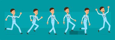 Steteskoplu komik, komik bir hastane doktoru. Başarılı bir cerrah hedefine doğru yürüyor. Canlandırmaya hazırız. Mavi arka planda izole edilmiş. Büyük vektör simgesi kümesi.