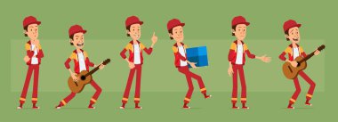 Kırmızı şapkalı ve kapüşonlu komik, genç, komik, sporcu adam karakteri. Gitarlı ve bayram hediyeli mutlu bir müzisyen. Canlandırmaya hazırız. Yeşil arka planda izole edilmiş. Büyük vektör simgesi kümesi.