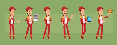 Kırmızı şapkalı ve kapüşonlu komik, genç, komik, sporcu adam karakteri. Aktör yıldızlı, iş adamı tabletli. Canlandırmaya hazırız. Yeşil arka planda izole edilmiş. Büyük vektör simgesi kümesi.