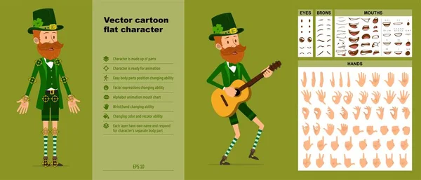 Cartoon Funny Irish Bearded Leprechaun Boy Character Clover Hat Ready — Stockový vektor