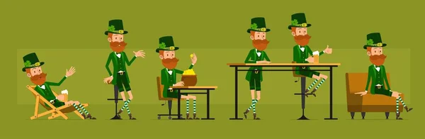 Cartoon Funny Irish Bearded Leprechaun Boy Character Clover Hat Ready — Stockvektor