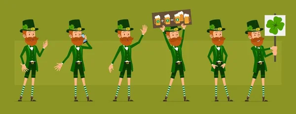 Cartoon Funny Irish Bearded Leprechaun Boy Character Clover Hat Ready — Stockvektor