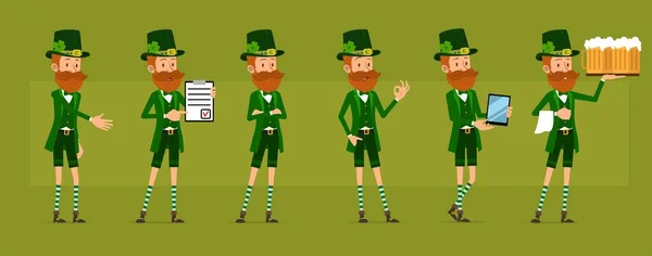 Cartoon Funny Irish Bearded Leprechaun Boy Character Clover Hat Ready — стоковый вектор