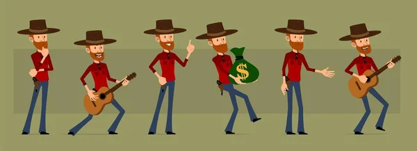 Cartoon Leuke Grappige Roodharige Baardhouthakker Met Hoed Pistool Cowboy Met — Stockvector