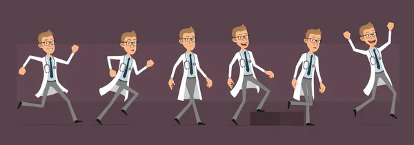 Cartoon Cute Funny Doctor Stethoscope White Uniform Successful Scientist Walking — Stockový vektor