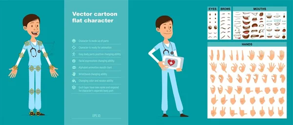 Cartoon Funny Young Hospital Doctor Stethoscope Uniform Ready Animations Face — Wektor stockowy