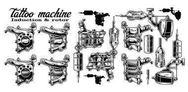 Graphic detailed black and white metal induction and rotor tattoo machines. Isolated on white background. Vector icon set. clipart