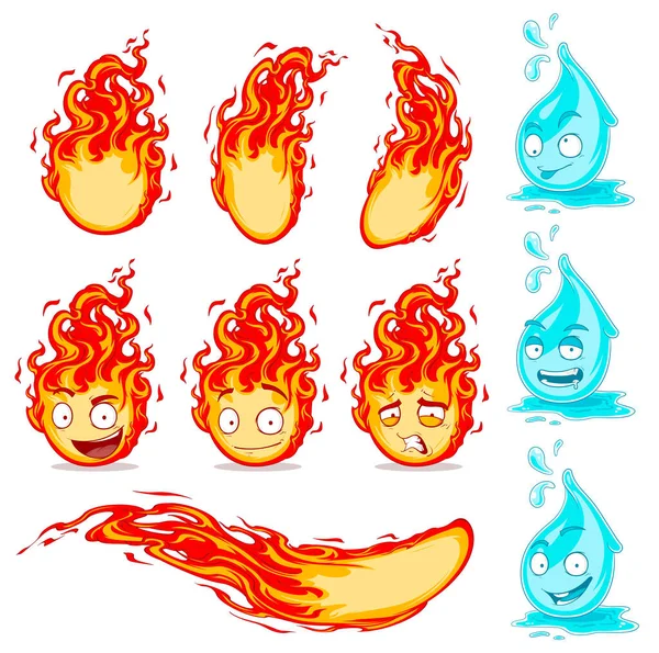 Cartoon Süße Lustige Blaue Wassertropfen Und Rote Feuerbälle Meteore Mit — Stockvektor