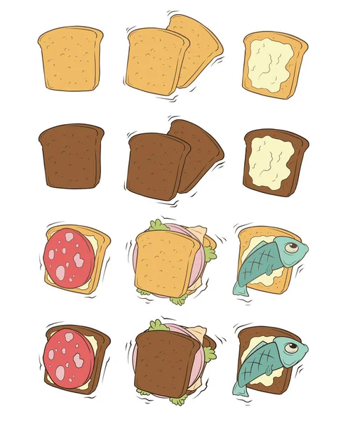 Cartoon Tasty Toast Bread Sandwiches Butter Sausage Salad Fish Isolated — Vetor de Stock