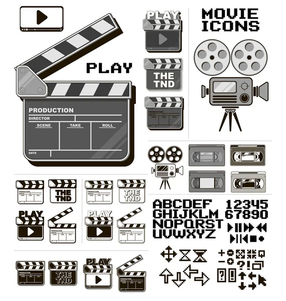 图形黑色和白色电影项目 字体和数字 电影拍子和摄像机 Vhs磁带和播放 暂停符号 箭和钟 被白色背景隔离 矢量图标集 — 图库矢量图片