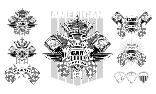 Escudo Armas Gráfico Blanco Negro Con Bandera Carreras Cruzada Pistones — Vector de stock