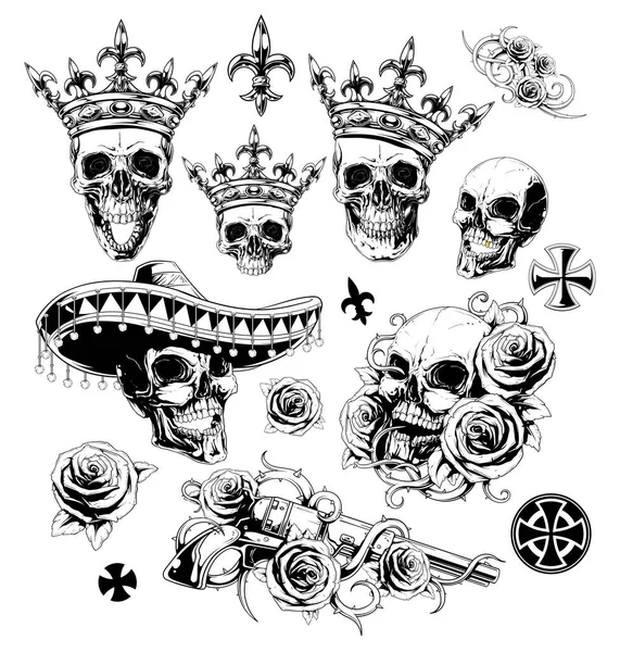 Graphic Detailed Black White Human Skulls Crown Roses Sombrero Revolver - Stok Vektor