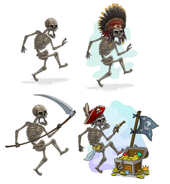 Cartoon Detailed Realistic Colorful Scary Pirate Indian Chief Death Skeletons — Vetor de Stock