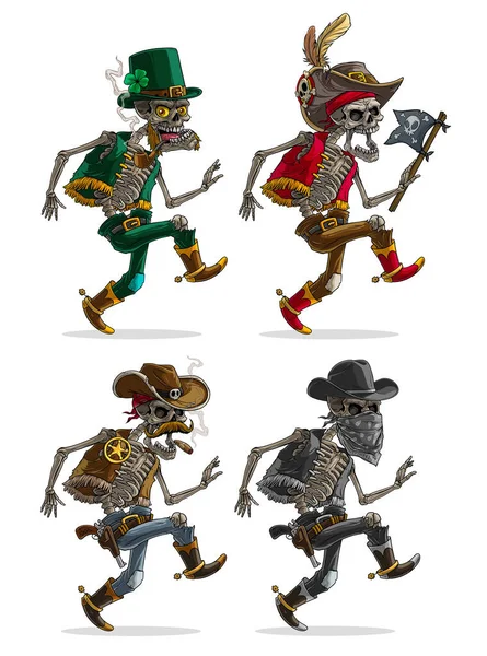 Cartoon Detailed Realistic Colorful Scary Pirate Bandit Sheriff Leprechaun Skeletons — Wektor stockowy