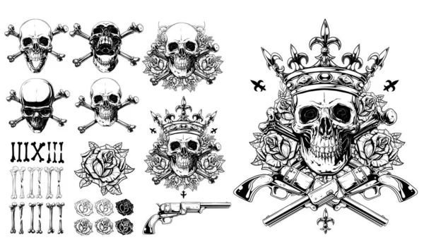 Graphic Detailed Black White Human Skulls Crown Bones Roses Revolver — стоковый вектор