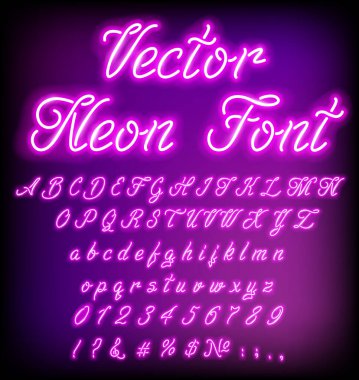 Violet retro 80s neon curly font. Luminous letter glow effects. High detailed alphabet, numbers and symbols for advertising. Techno acid style. Vector typeface for headlines, posters, etc.
