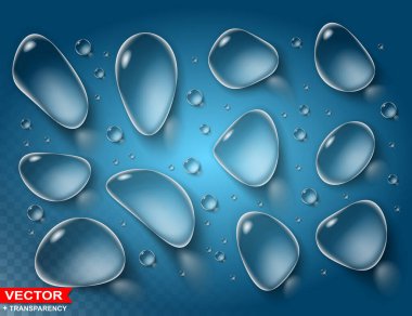 Photorealistic detailed blue big and small water drops with white lights. Transparent layered vector.