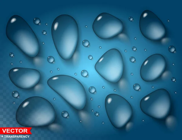 Photorealistic Detailed Blue Big Small Water Drops Transparent Layered Vector — Stockvektor