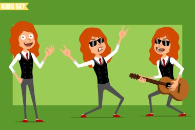 Çizgi film düz komik, kırmızı kravatlı, iş elbiseli, kızıl saçlı kız karakteri. Gitar çalan ve rock 'n roll işareti yapan bir çocuk. Animasyon için hazır. Yeşil arka planda izole edilmiş. Vektör seti.